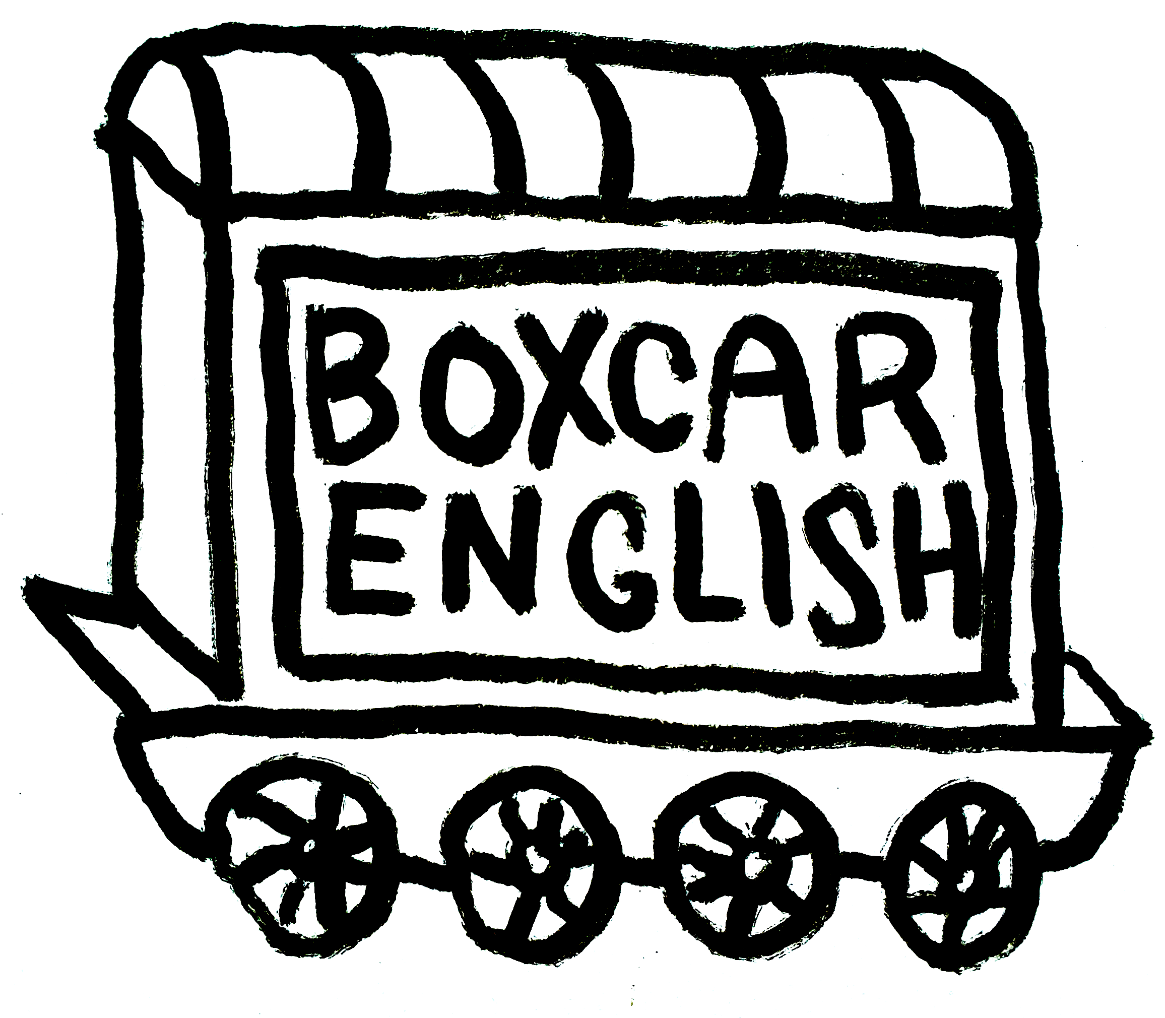 A black-and-white, hand-drawn boxcar with the words "BOXCAR ENGLISH" written in the middle.